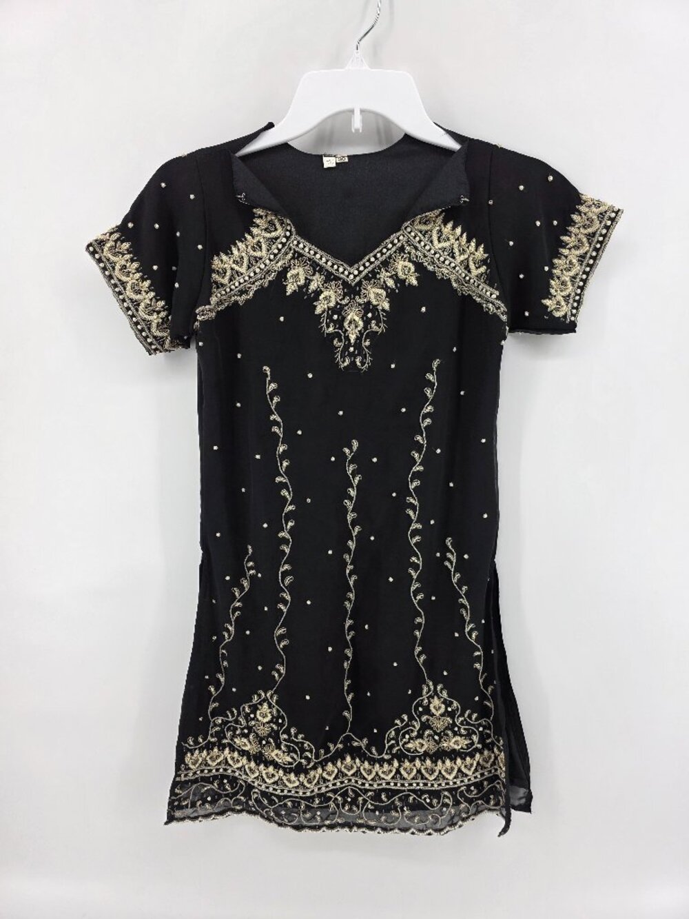 Black Gold Beaded Embroidered Tunic Dress – Size 30 – Made in India Formal